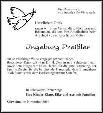 Traueranzeige von Ingeburg Preißler von Südthüringer Presse