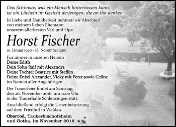 Traueranzeige von Horst Fischer von Südthüringer Presse