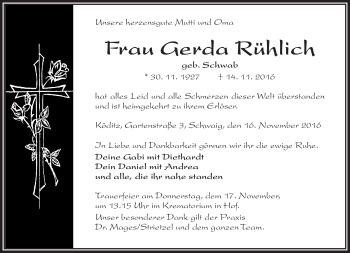 Traueranzeige von Gerda Rühlich von Frankenpost