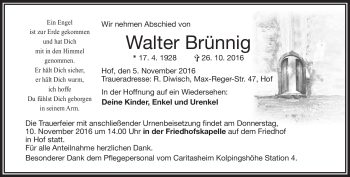 Traueranzeige von Walter Brünning von Frankenpost