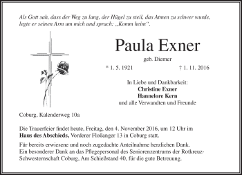 Traueranzeige von Paula Exner von Neue Presse Coburg