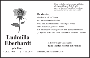 Traueranzeige von Ludmilla Eberhardt von Südthüringer Presse