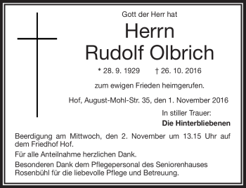 Traueranzeige von Rudolf Olbrich von Frankenpost
