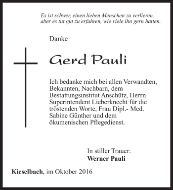 Traueranzeige von Gerd Pauli von Südthüringer Presse