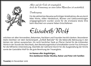 Traueranzeige von Elisabeth Wolf von Südthüringer Presse