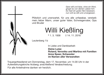 Traueranzeige von Willi Kießling von Frankenpost