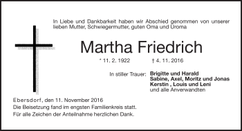 Traueranzeige von Martha Friedrich von Neue Presse Coburg