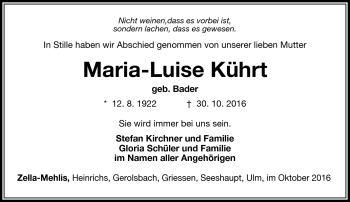Traueranzeige von Maria-Luise Kührt von Südthüringer Presse