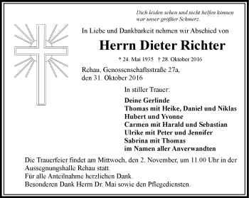 Traueranzeige von Dieter Richter von Frankenpost