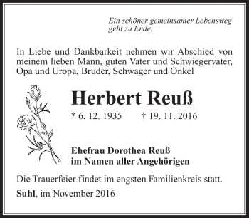Traueranzeige von Herbert Reuß von Südthüringer Presse