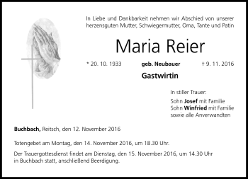 Traueranzeige von Maria Reier von Neue Presse Coburg
