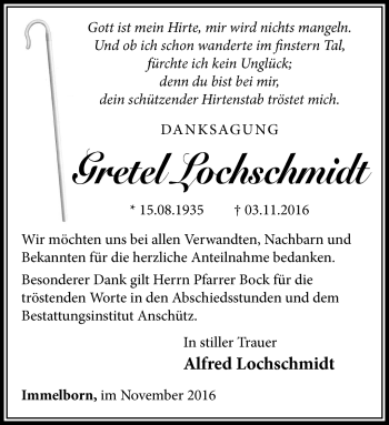 Traueranzeige von Gretel Lochschmidt von Südthüringer Presse