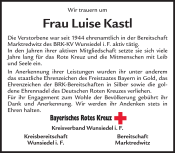 Traueranzeige von Luise Kastl von Frankenpost