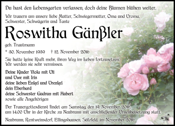 Traueranzeige von Roswitha Gänßler von Südthüringer Presse