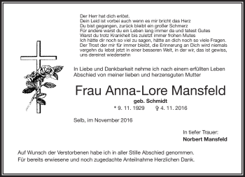 Traueranzeige von Anna-Lore Mansfeld von Frankenpost