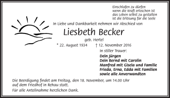 Traueranzeige von Liesbeth Becker von Frankenpost