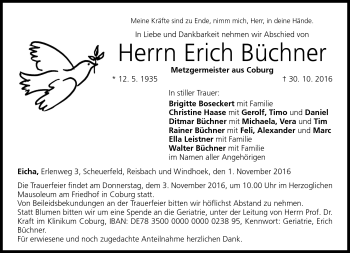 Traueranzeige von Erich Büchner von Neue Presse Coburg