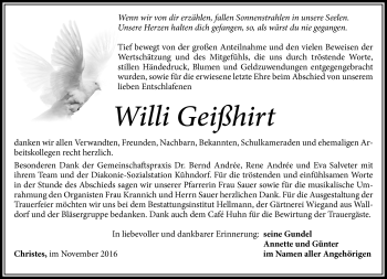 Traueranzeige von Willi Geißhirt von Südthüringer Presse