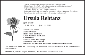 Traueranzeige von Ursula Rehtanz von Südthüringer Presse