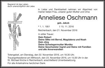 Traueranzeige von Anneliese Oschmann von Frankenpost