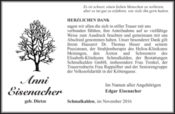 Traueranzeige von Anni Eisenacher von Südthüringer Presse