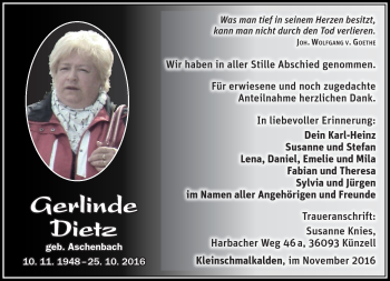 Traueranzeige von Gerlinde Dietz von Südthüringer Presse
