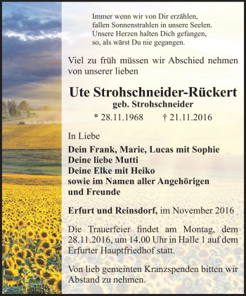 Traueranzeige von Ute Strohschneider-Rückert von Südthüringer Presse