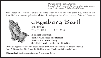 Traueranzeige von Ingeborg Bartl von Südthüringer Presse