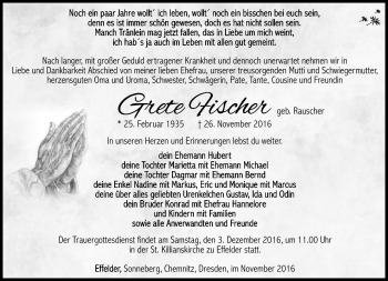 Traueranzeige von Grete Fischer von Südthüringer Presse