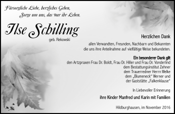 Traueranzeige von Ilse Schilling von Südthüringer Presse