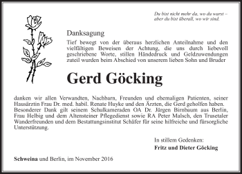 Traueranzeige von Gerd Göcking von Südthüringer Presse