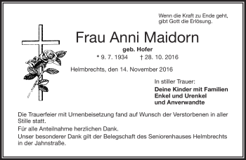 Traueranzeige von Anni Maidorn von Frankenpost