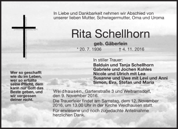 Traueranzeige von Rita Schellhorn von Neue Presse Coburg