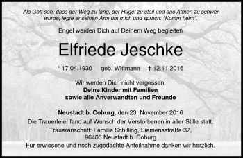 Traueranzeige von Elfriede Jeschke von Neue Presse Coburg