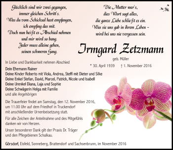 Traueranzeige von Irmgard Zetzmann von Südthüringer Presse