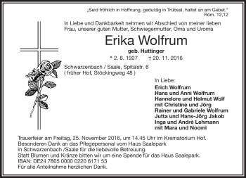Traueranzeige von Erika Wolfrum von Frankenpost