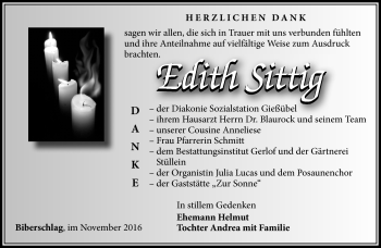 Traueranzeige von Edith Sittig von Südthüringer Presse