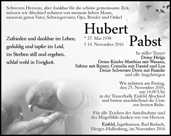 Traueranzeige von Hubert Pabst von Südthüringer Presse