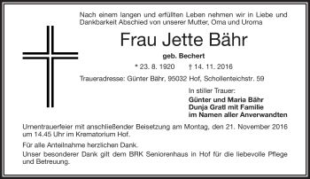 Traueranzeige von Jette Bähr von Frankenpost