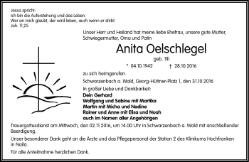 Traueranzeige von Anita Oelschlegel von Frankenpost