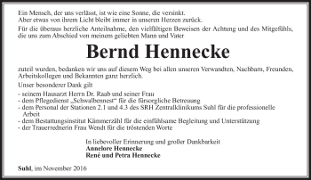 Traueranzeige von Bernd Hennecke von Südthüringer Presse