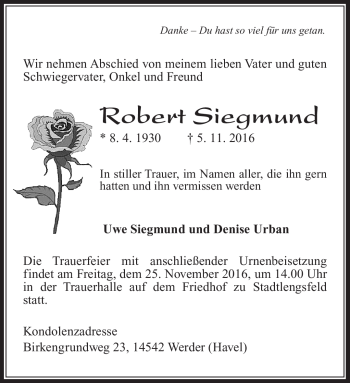 Traueranzeige von Robert Siegmund von Südthüringer Presse