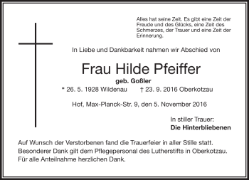 Traueranzeige von Hilde Pfeiffer von Frankenpost