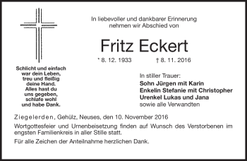 Traueranzeige von Fritz Eckert von Neue Presse Coburg