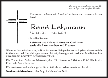 Traueranzeige von René Lehmann von Südthüringer Presse
