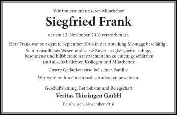 Traueranzeige von Siegfried Frank von Südthüringer Presse