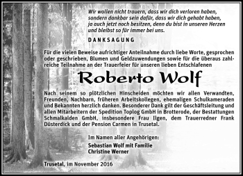 Traueranzeige von Roberto Wolf von Südthüringer Presse