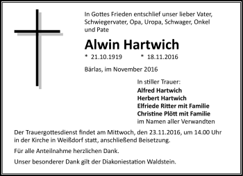 Traueranzeige von Alwin Hartwich von Frankenpost