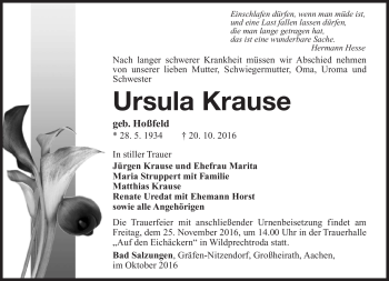 Traueranzeige von Ursula Krause von Südthüringer Presse