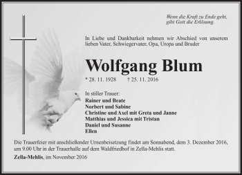 Traueranzeige von Wolfgang Blum von Südthüringer Presse